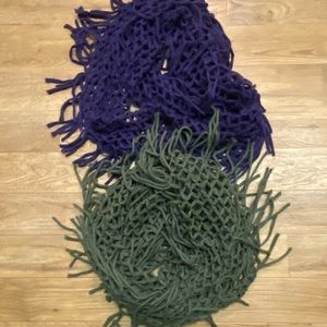 Cejon infinity scarves, one purple and one green